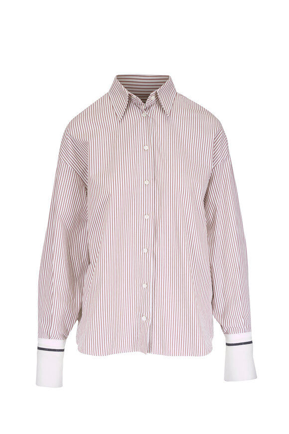 Brunello Cucinelli Stripe Poplin Cotton Long Sleeve Button Up - view 1