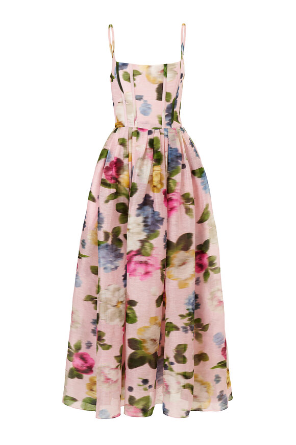 Carolina Herrera Blush Floral Print Linen & Silk Midi Dress - view 6