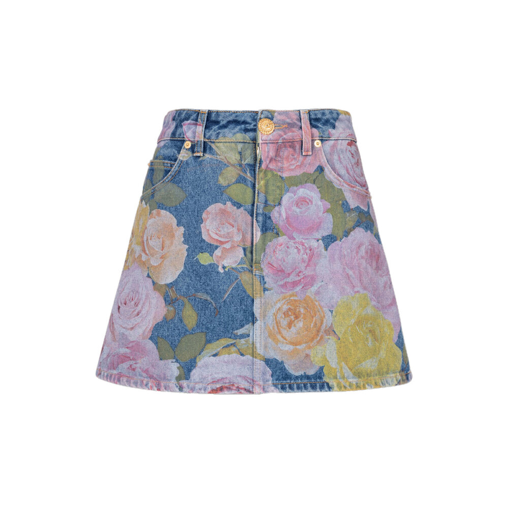 【関税&送料込み】Balmain Monogram Multicolor Mini Skirt Balmain - Pastel Rose Print Denim Mini Skirt | Mitchell Stores