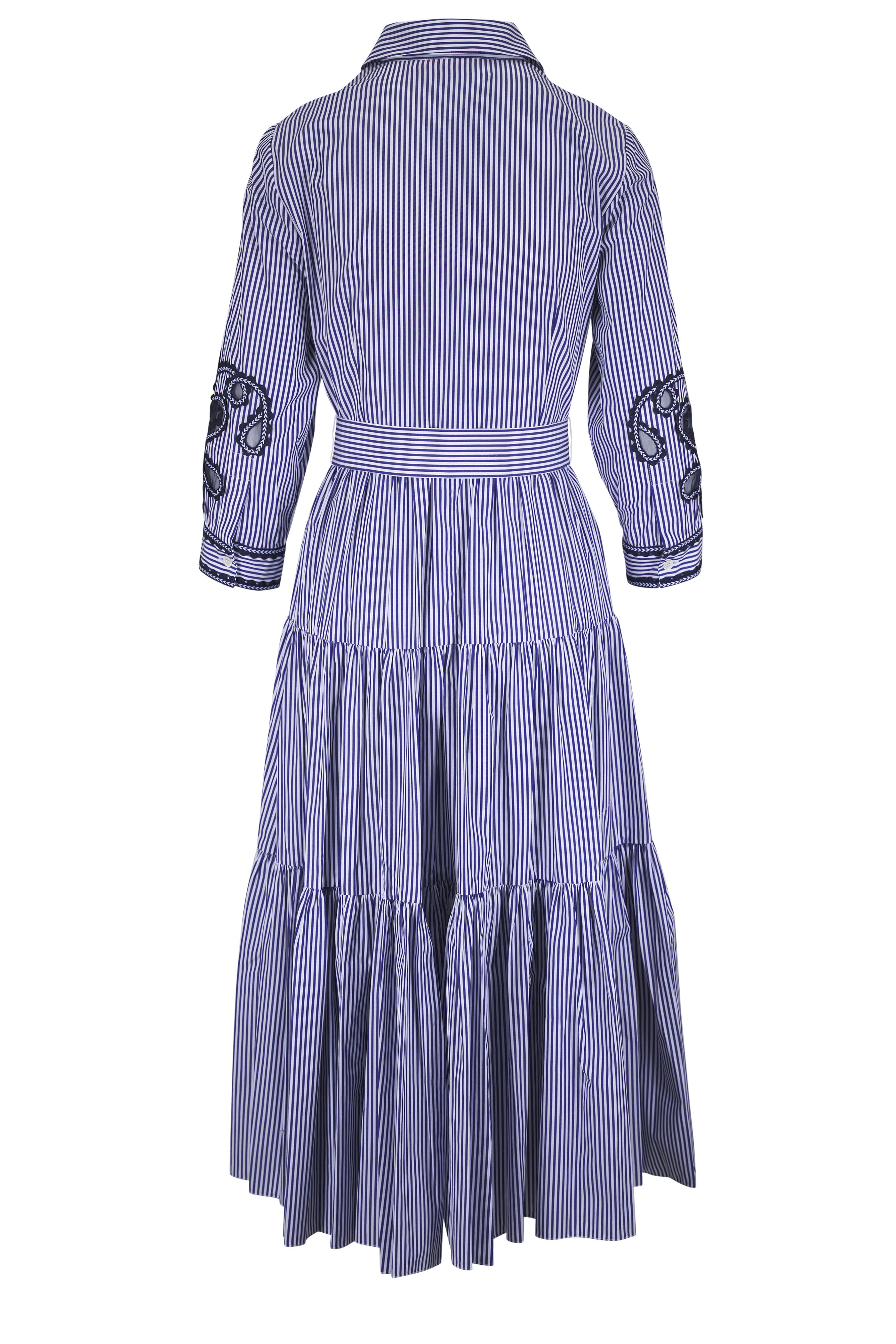 Carolina Herrera - Blue & White Embroidered Stripe Midi Shirtdress