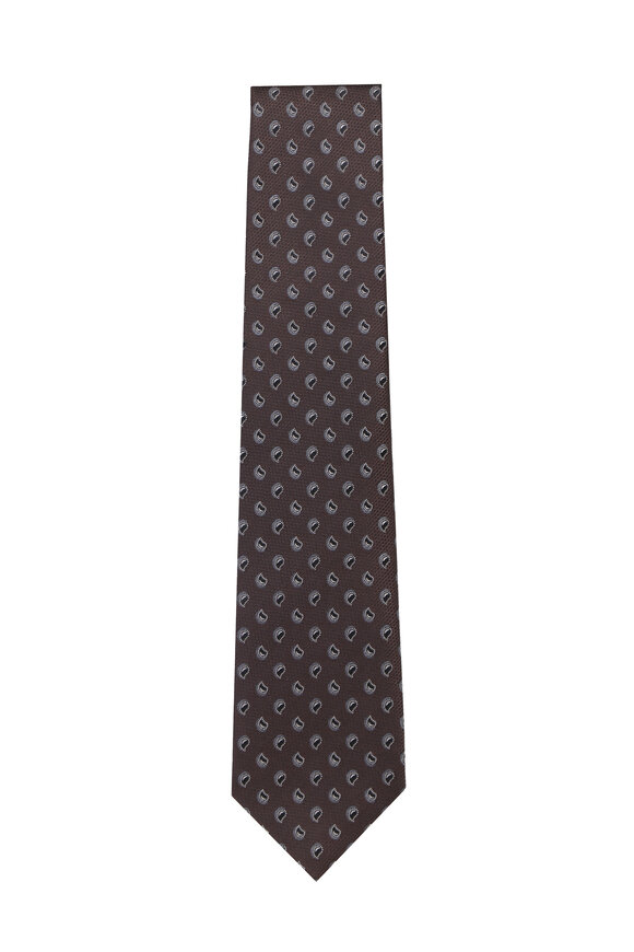 Isaia Dark Brown Mini Paisley Silk Necktie - view 1