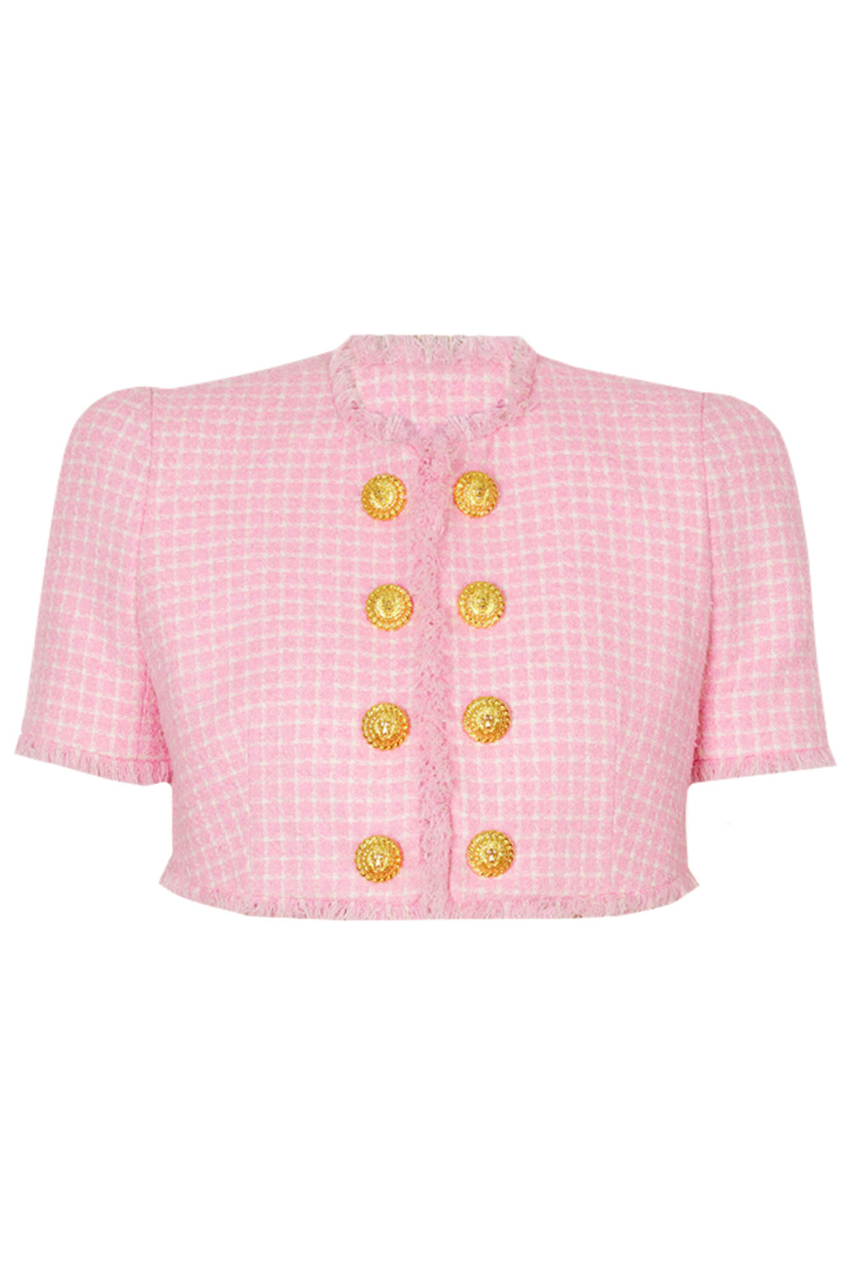 Balmain - Blanc and Rose Tweed Vichy Cropped Jacket
