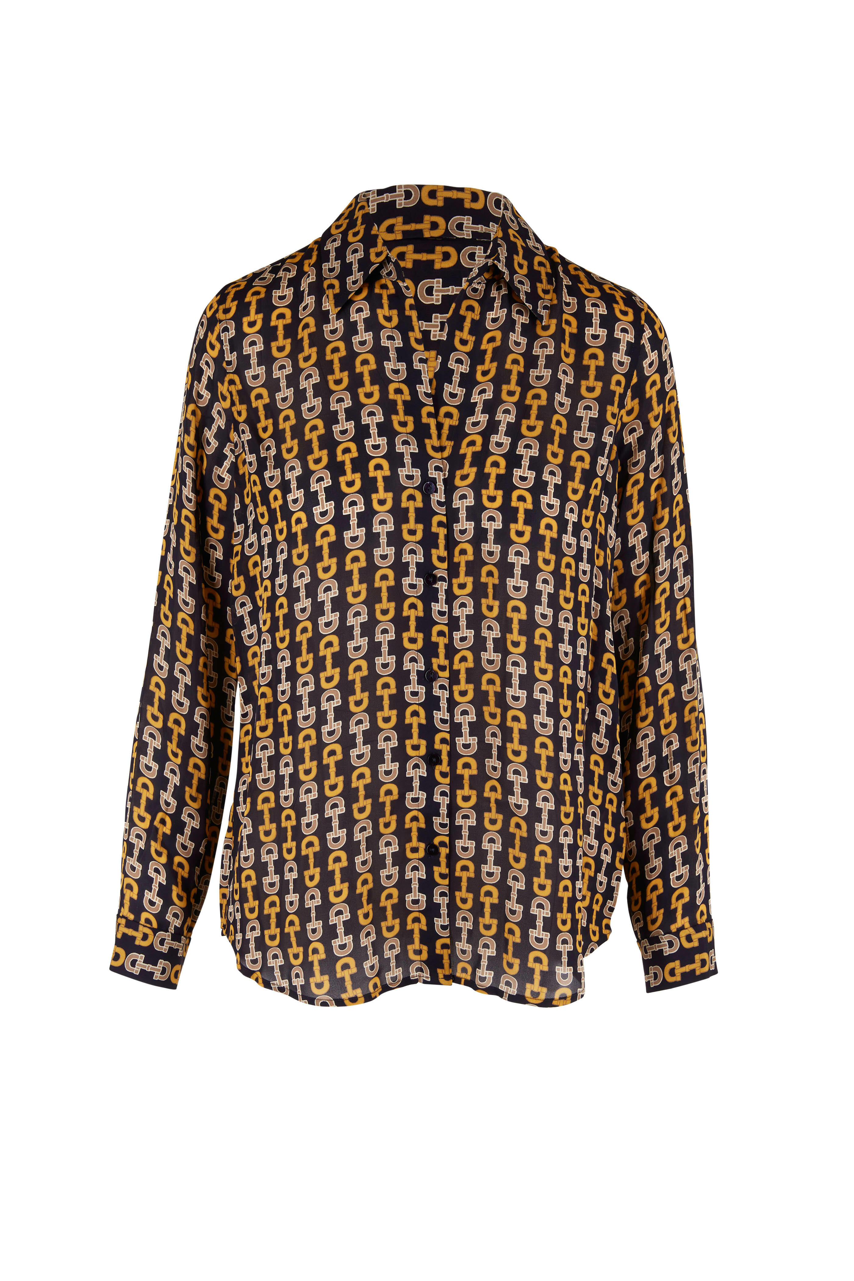 L'Agence - Nina Black & Gold Buckle Print Silk Blouse