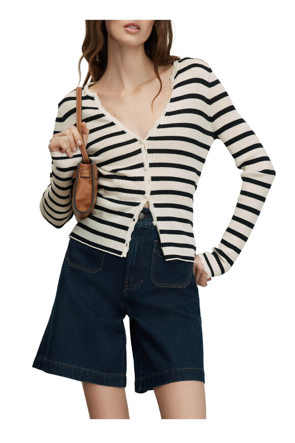Veronica Beard Anwin Dove White & Navy Stripe Wool Cardigan - view 4