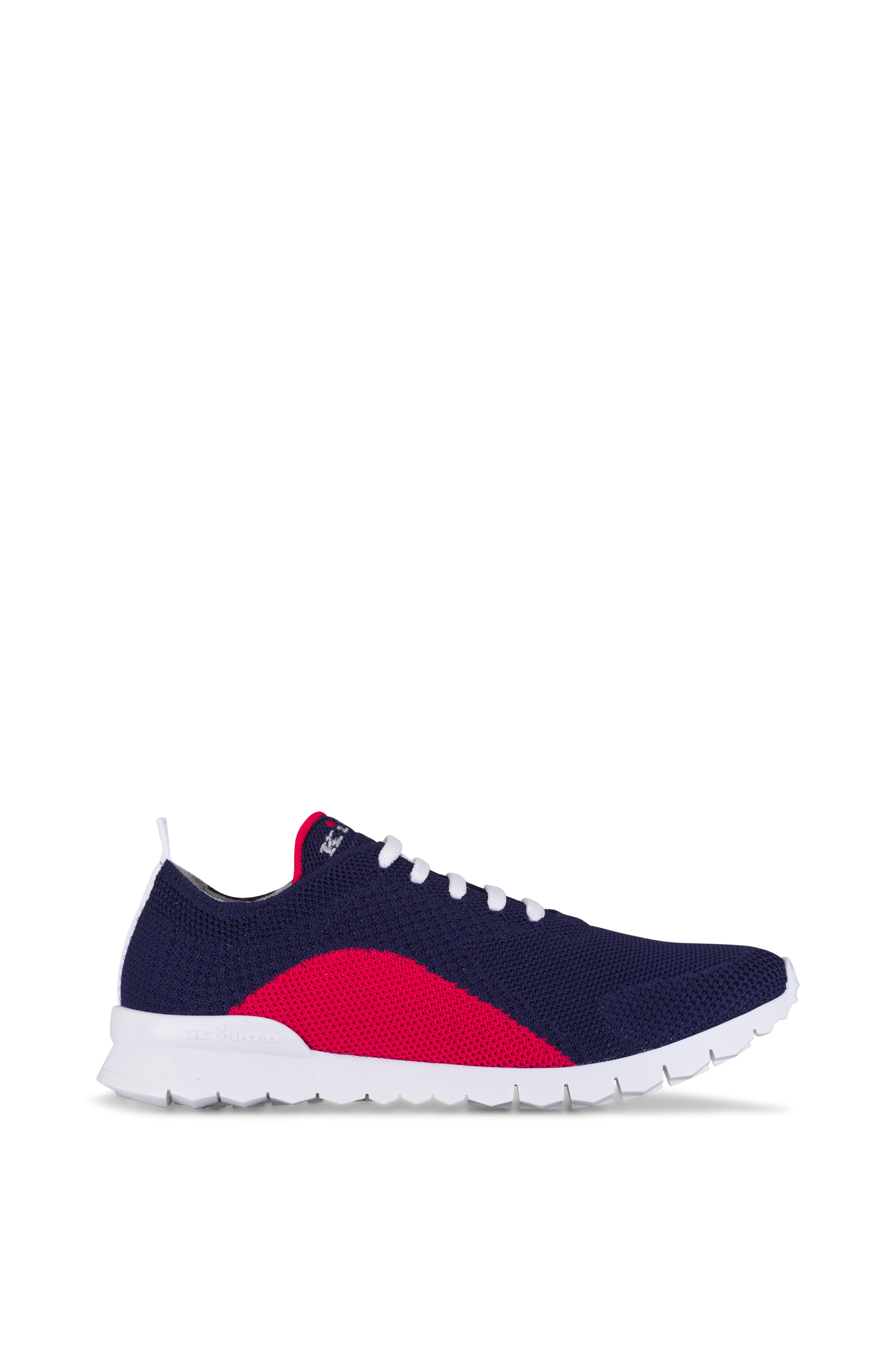 【送料&関税込】Kiton Knit Sneakers With Lateral Monogram Kiton - Navy Blue & Red Knit Low Top Sneaker | Mitchell Stores