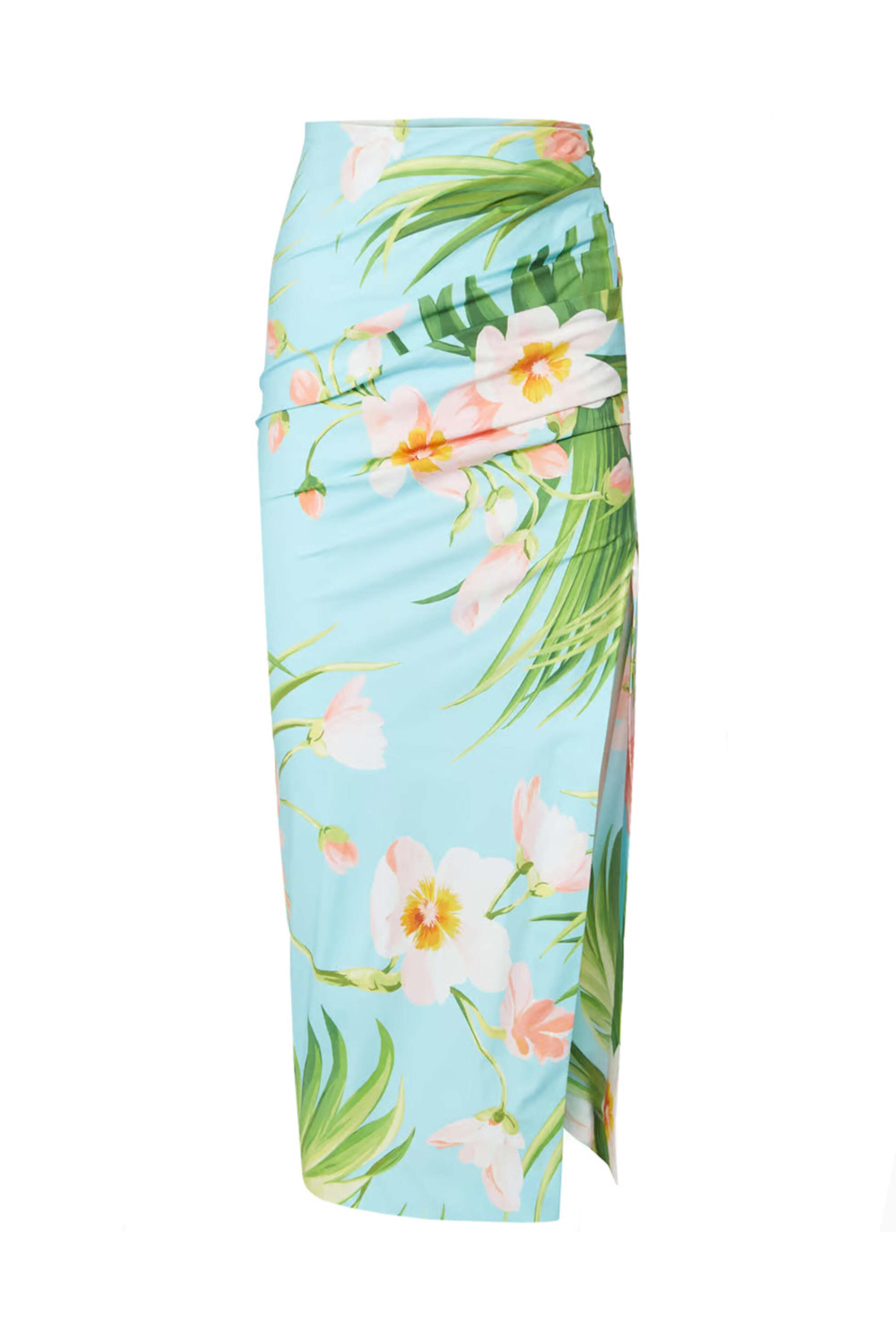 Carolina Herrera - Aquamarine Tropical Print Ruched Pencil Skirt