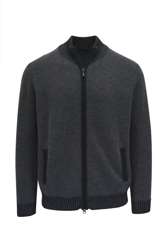 Kinross Black Piqué Cashmere Full Zip Cardigan