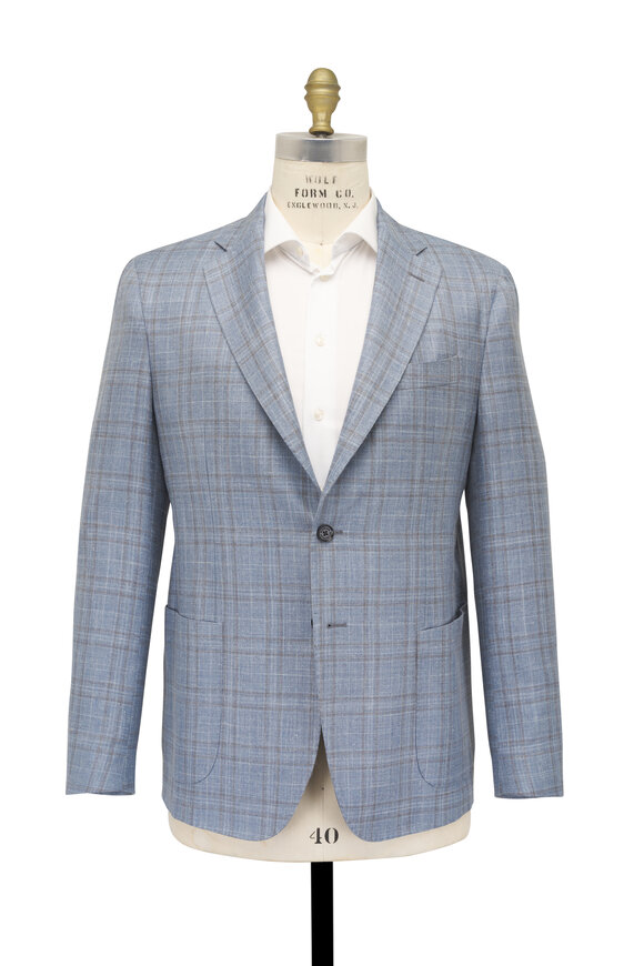 Maurizio Baldassari Blue Stone Plaid Wool, Silk & Linen Soft Sportcoat - view 3