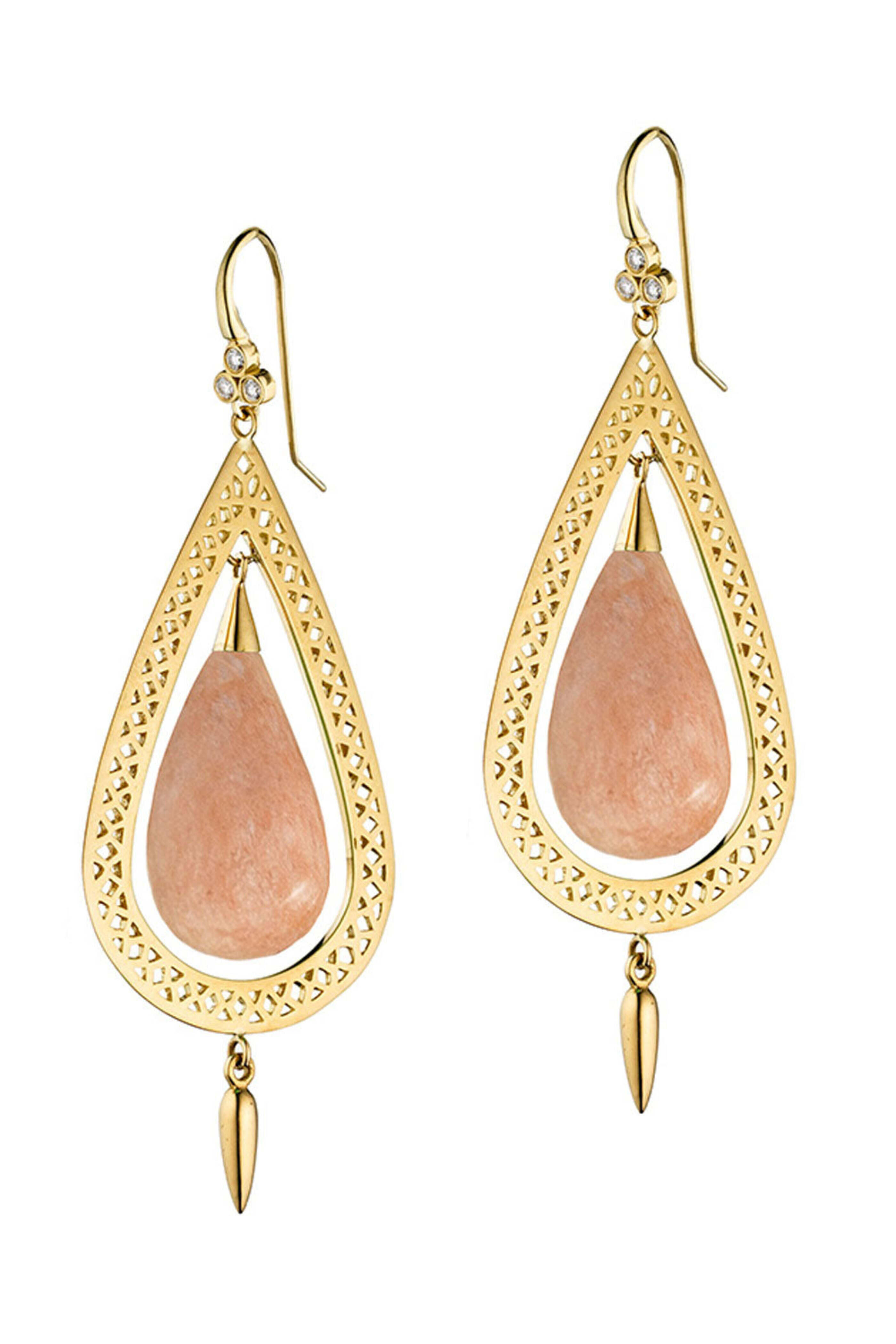 Ray Griffiths - Yellow Gold Guava Agate Teardrop Hoop Earrings