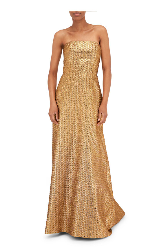 Carolina Herrera Gold Metallic Textured Strapless Gown  - view 2