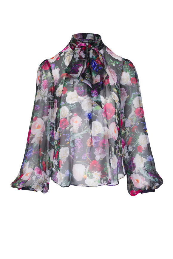 Adam Lippes Joan Black Floral Silk Blouse