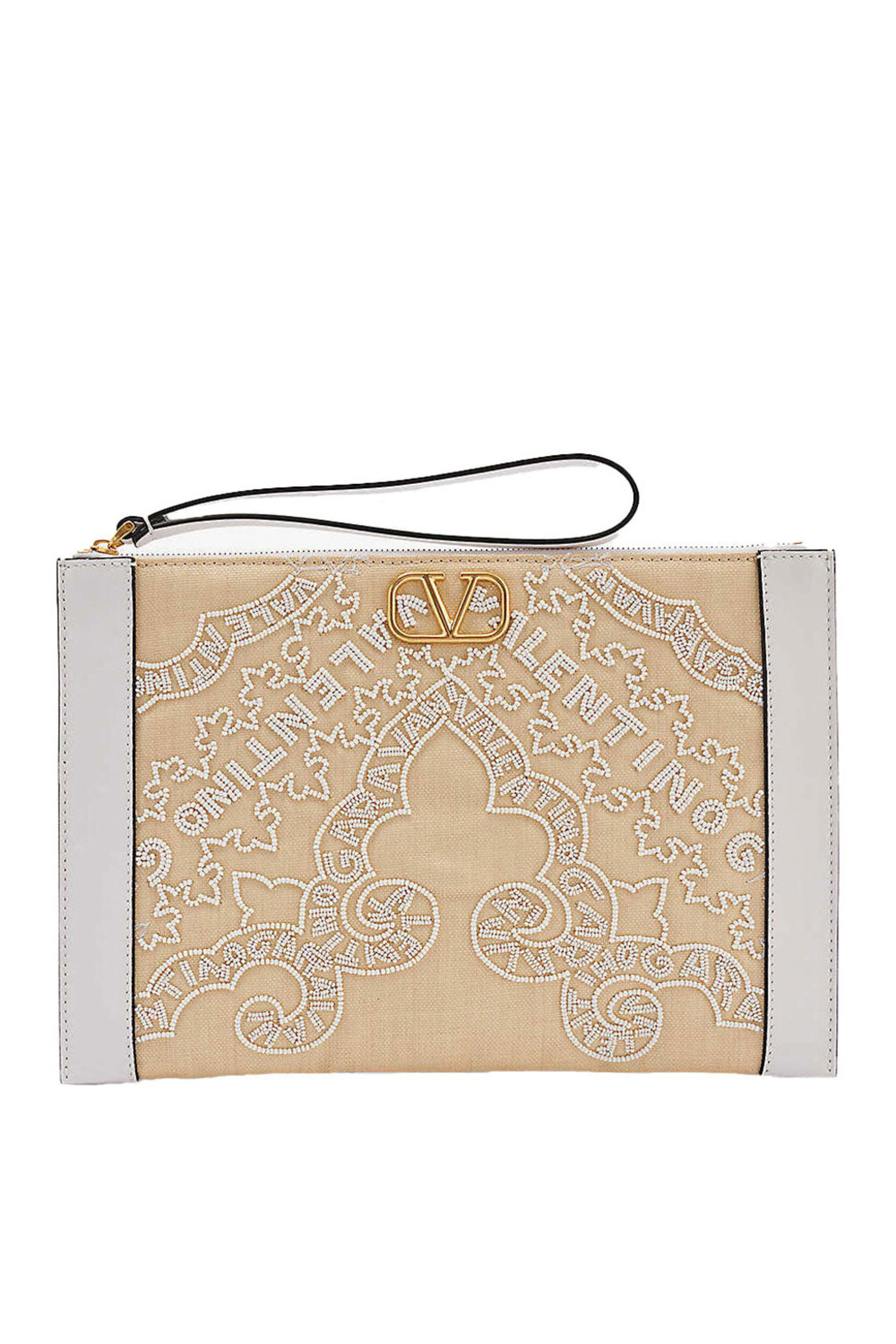 Valentino Garavani - Small Bead Embellished Raffia Pouch in Bianco
