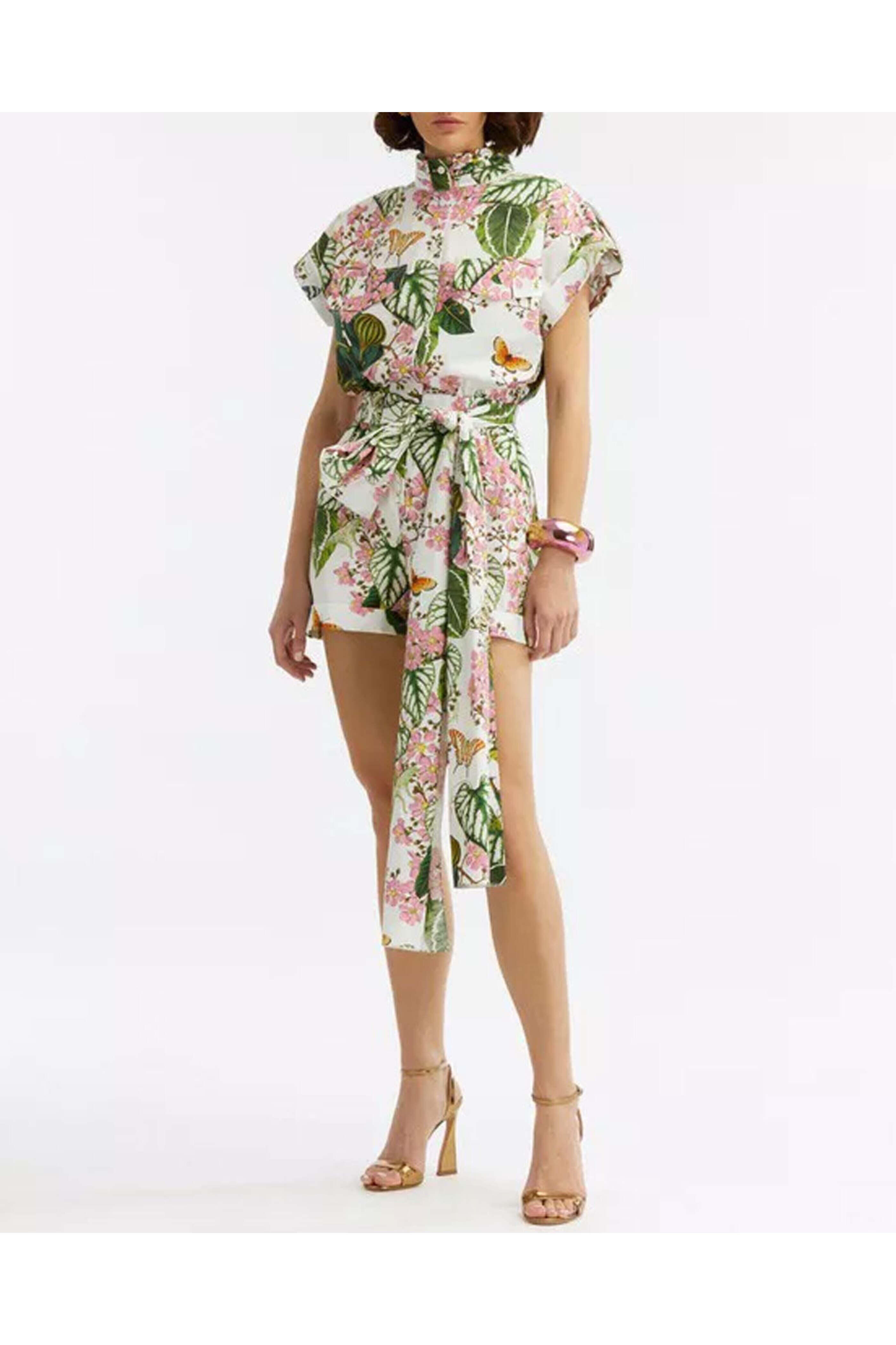 Oscar de la Renta - Ivory Mixed Botanical Short Sleeve Romper