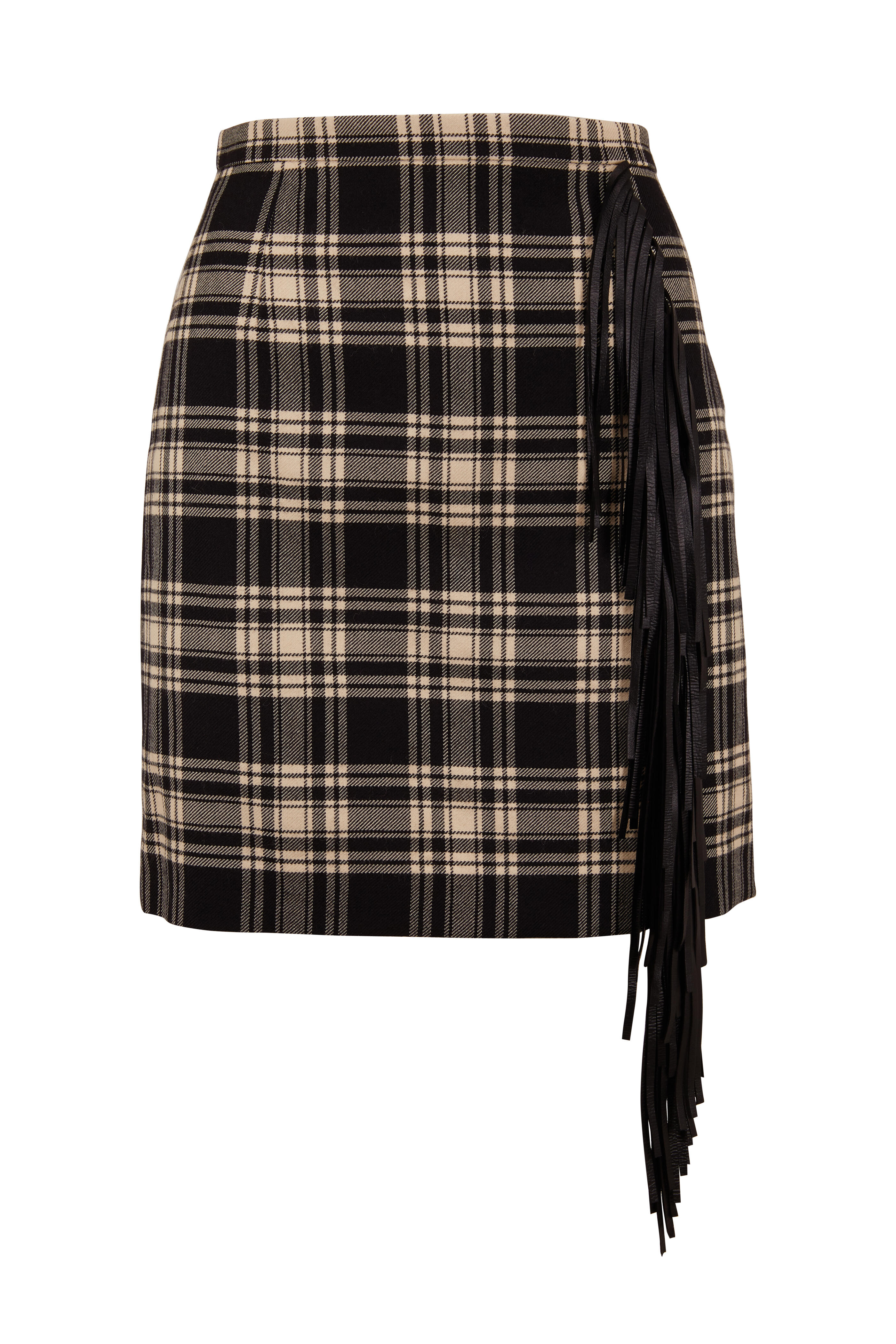 Michael Kors Collection - Muslin & Black Tartan Fringe Trim Mini Skirt