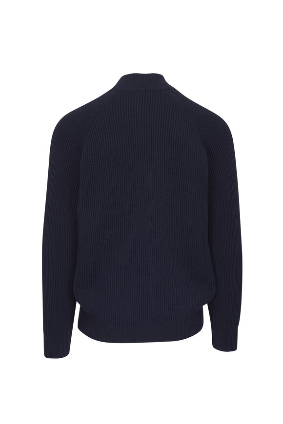 Brunello Cucinelli Navy Cotton Ribbed Full Zip Sweater - view 3