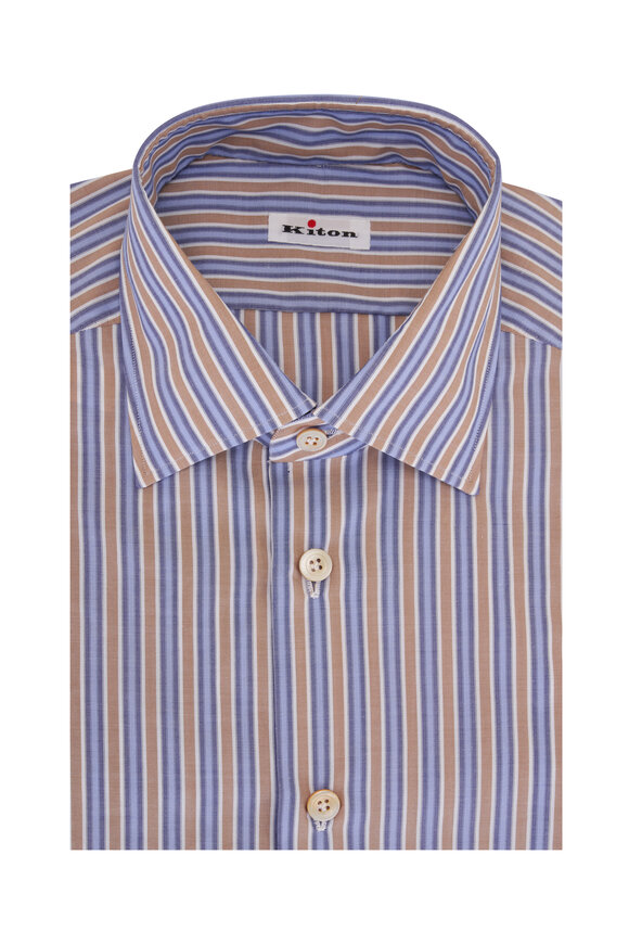 Kiton - Blue & Brown Striped Cotton Dress Shirt