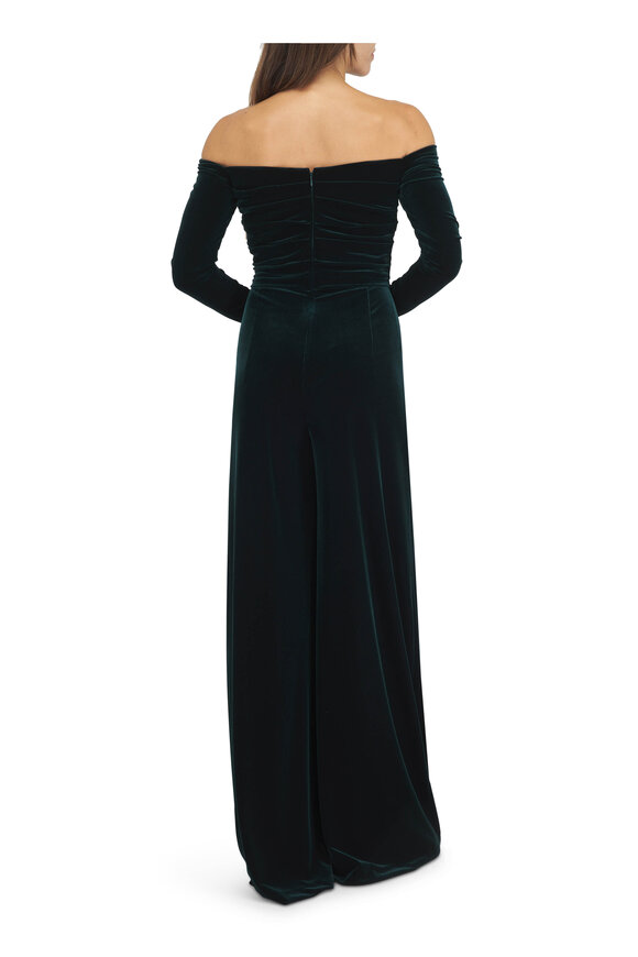 Talbot Runhof Hunter Green Stretch Velvet Long Sleeve Jumpsuit - view 4