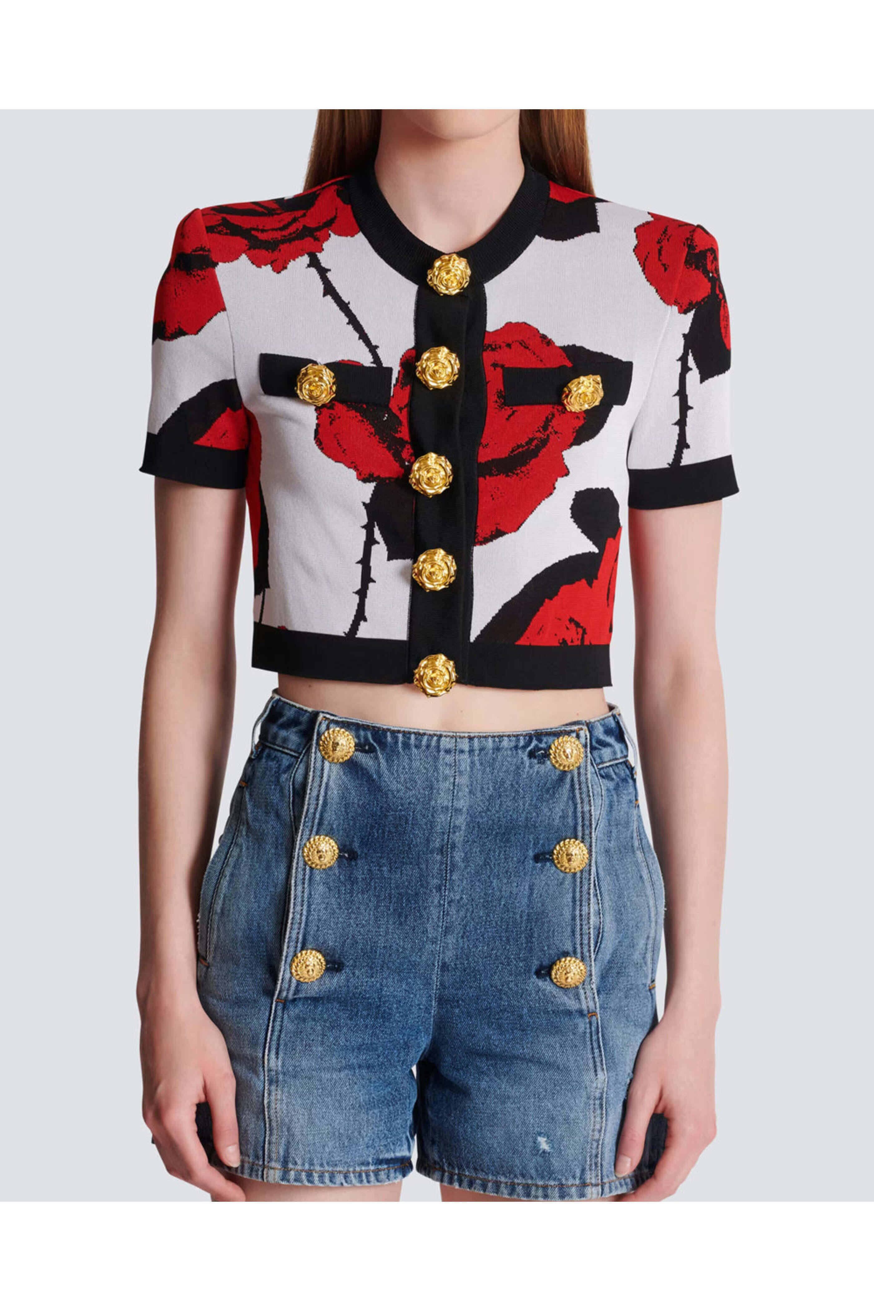 Balmain - Blanc and Rouge Rose Jacquard Crop Cardigan