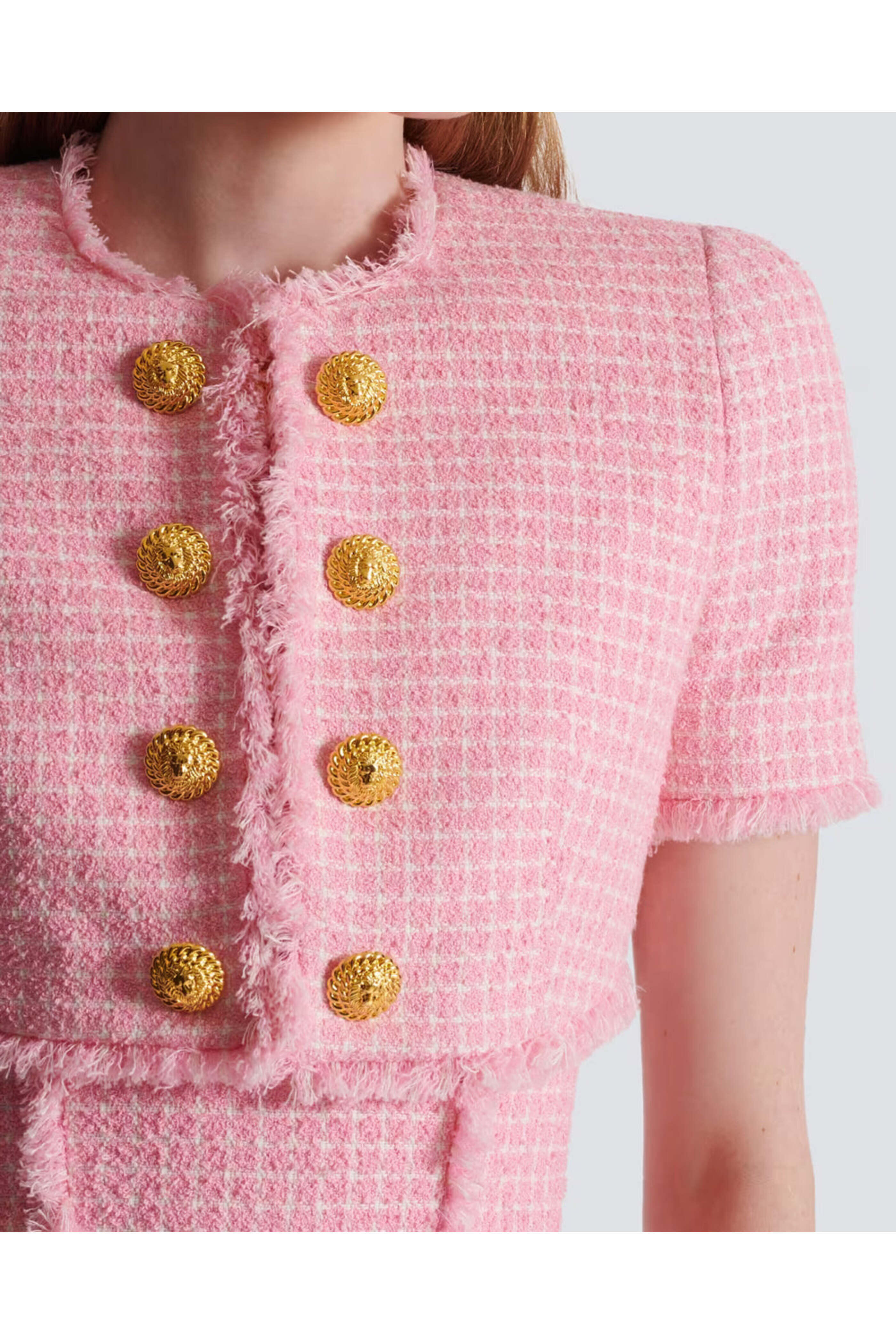 Balmain - Blanc and Rose Tweed Vichy Cropped Jacket