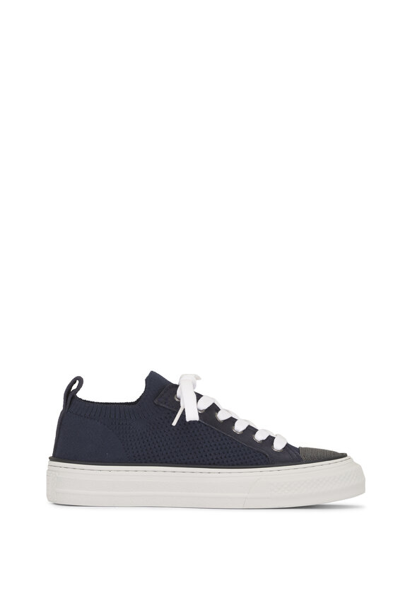 Brunello Cucinelli Navy Blue Knit & Suede Monili Toe Sneaker - view 4