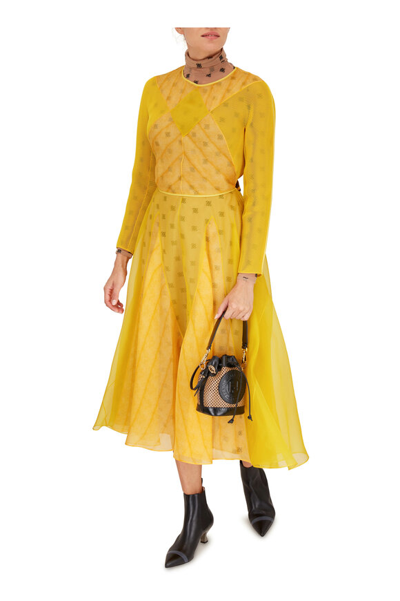 Fendi - Yellow Organza Long Sleeve Belted Cocktail Dress 
