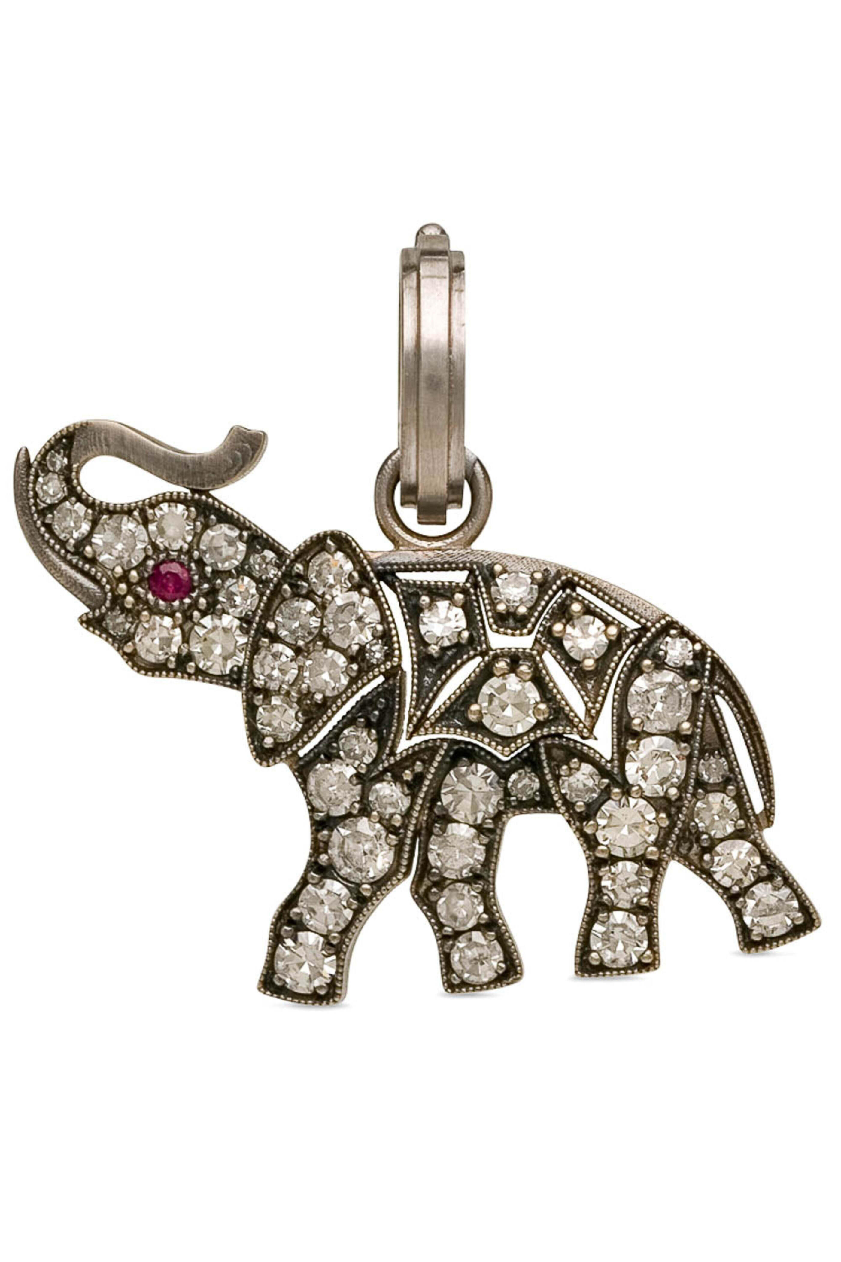 Sylva & Cie - White Gold Diamond & Ruby Elephant Pendant