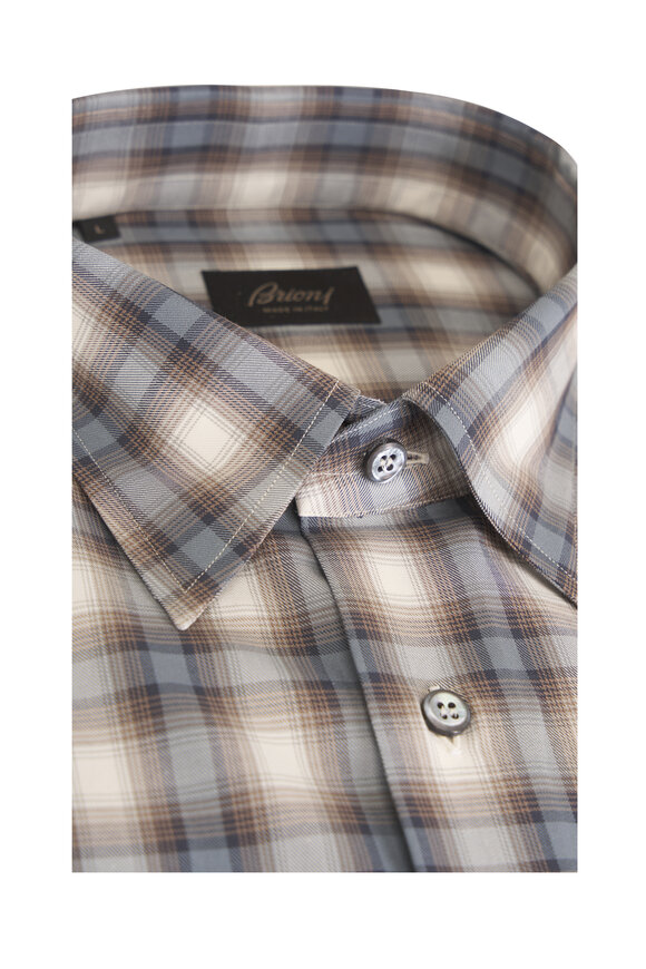 Brioni Blue & Brown Faded Check Sport Shirt - view 2
