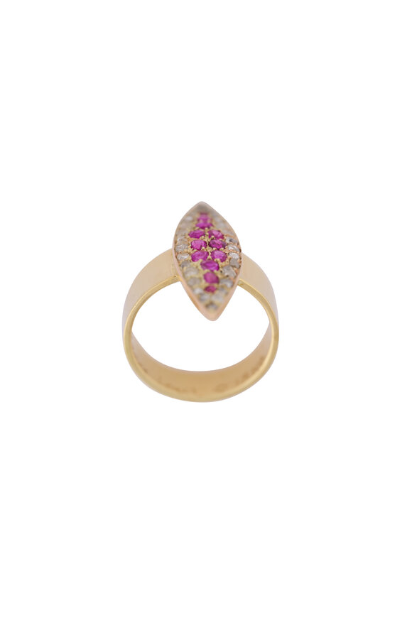Renee Lewis 18k Gold Diamond & Burmese Ruby Marquise Ring - view 2
