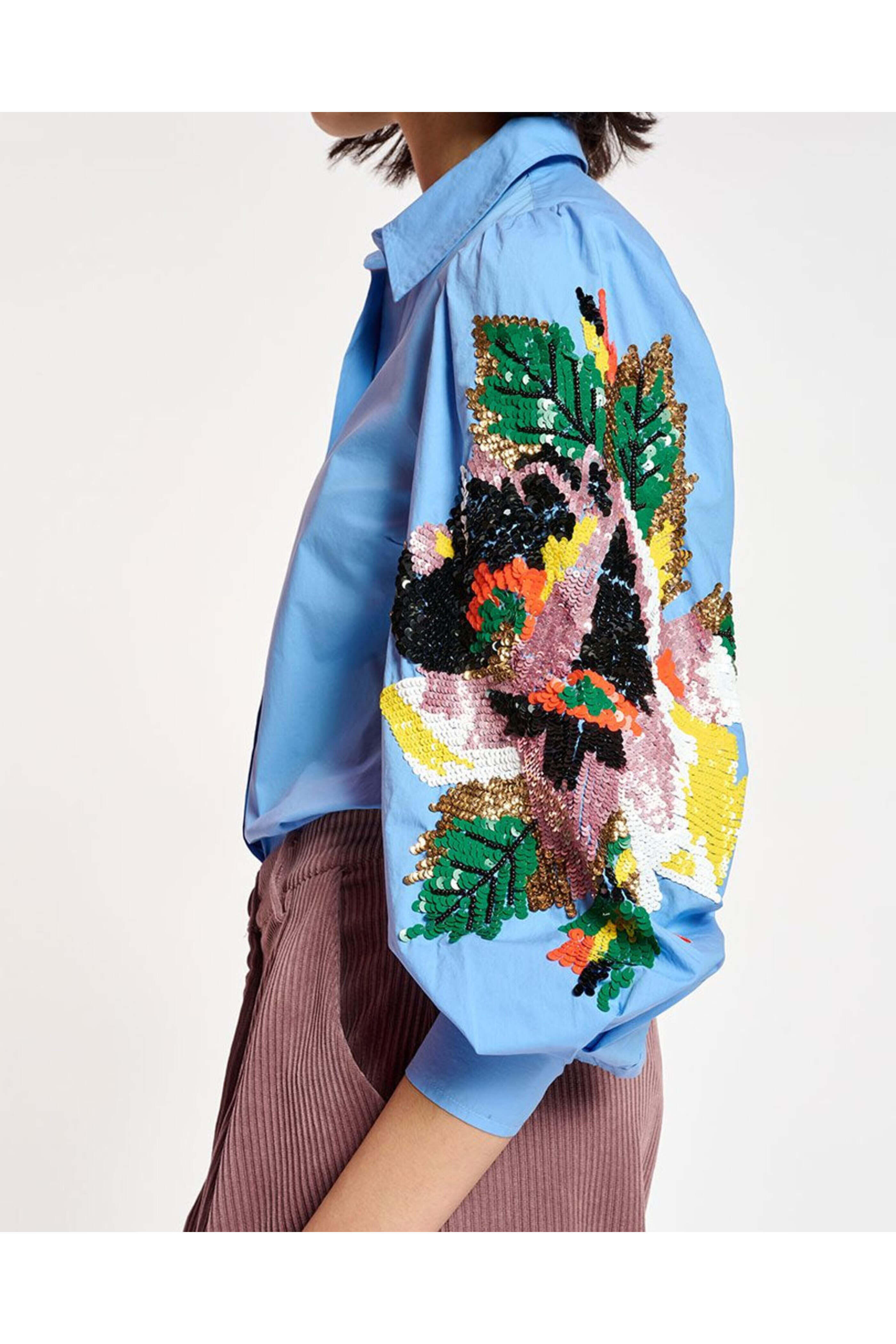 Essentiel Antwerp - Cool Blue Embellished Carnet Puff Sleeve Shirt