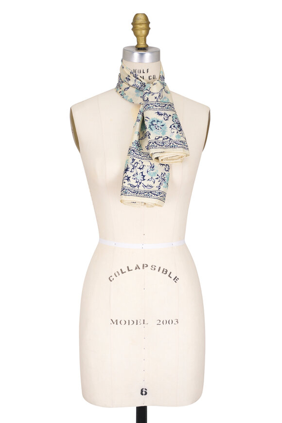 Loro Piana Jasmine Bloom White & Turquoise Silk Foulard