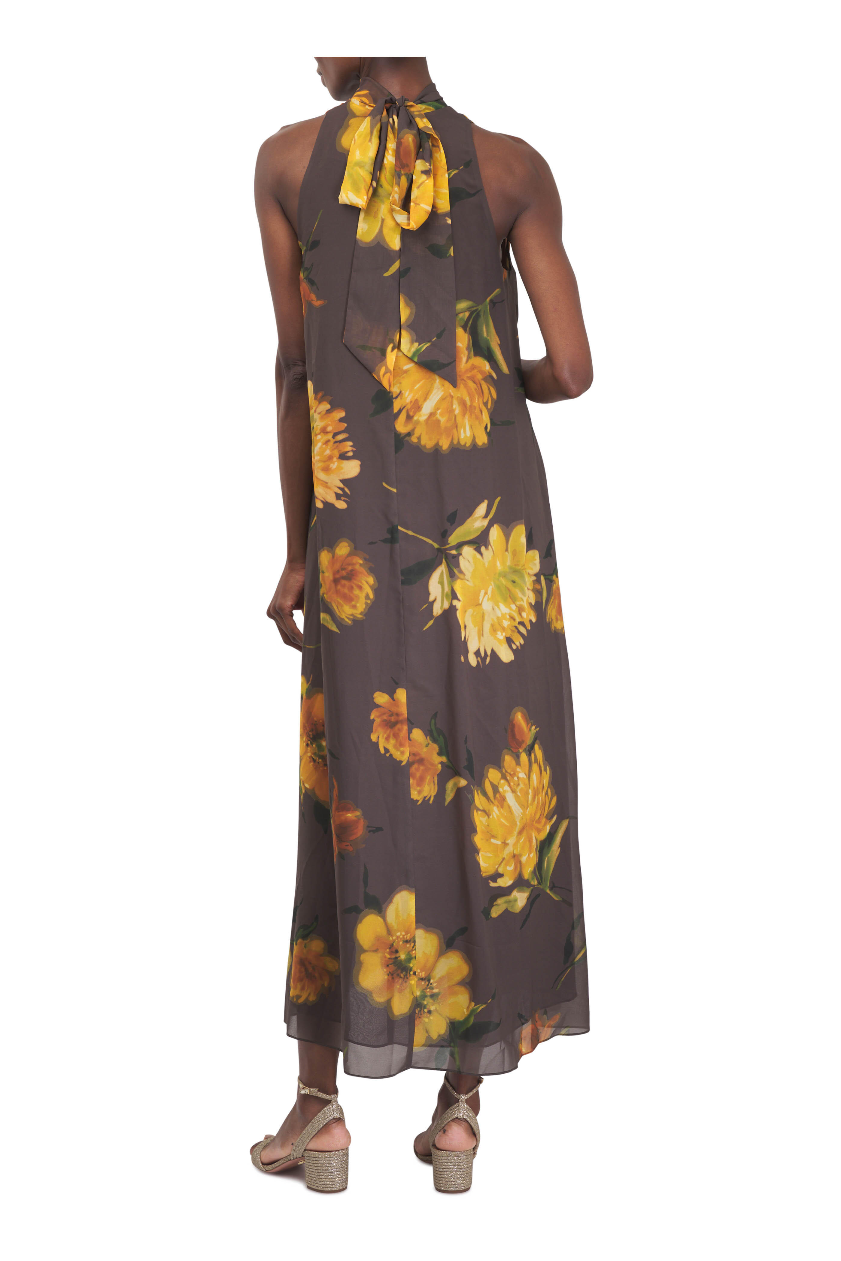 Lela Rose - Chocolate Multi Floral Printed Chiffon Maxi Dress