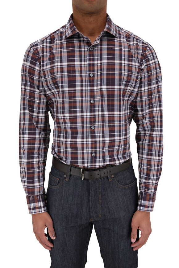 Zegna - Navy Blue & Brown Plaid Tailored Fit Sport Shirt