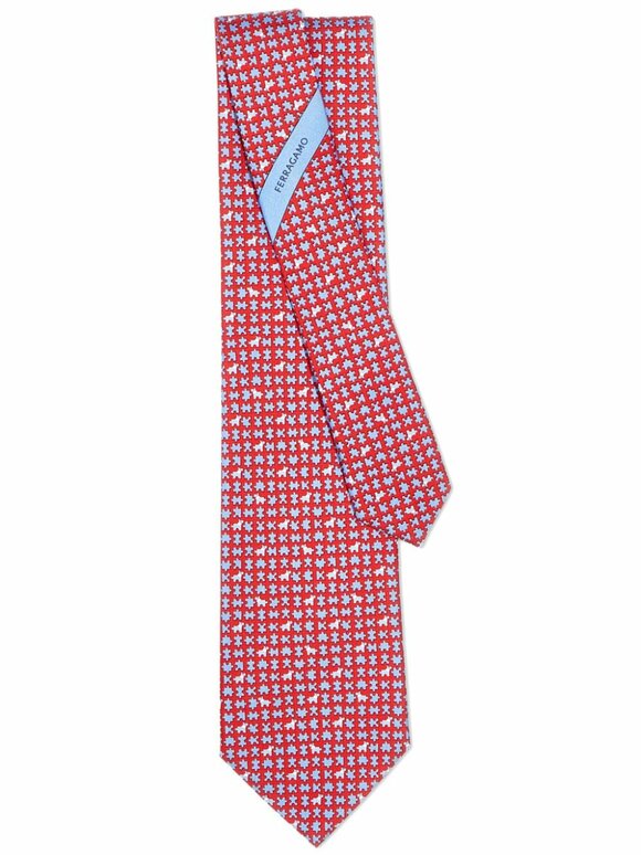 Ferragamo - Blue & Red Scottie Dog Print Silk Necktie 