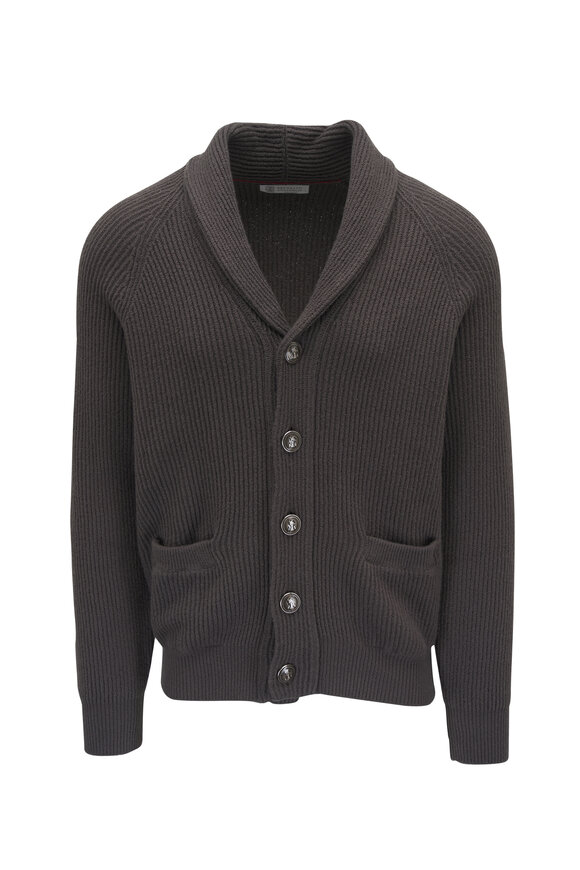 Brunello Cucinelli Brown Cotton English Knit Ribbed Shawl Cardigan