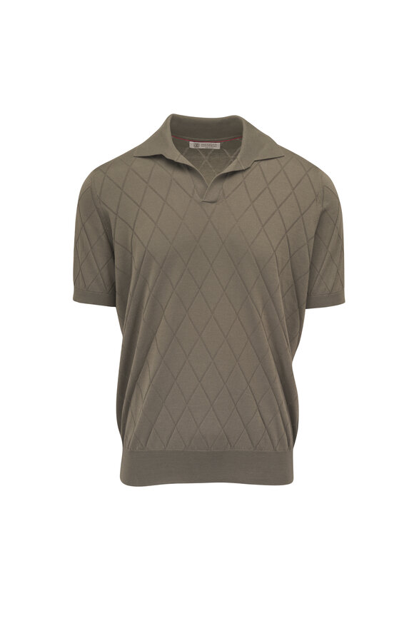 Brunello Cucinelli Khaki Open-Collar Cotton Knit Polo - view 1