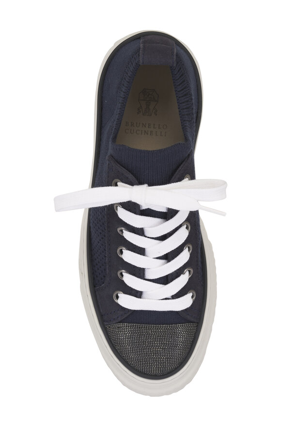 Brunello Cucinelli Navy Blue Knit & Suede Monili Toe Sneaker - view 5