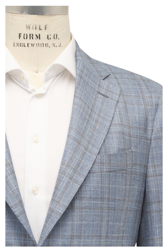 Maurizio Baldassari Blue Stone Plaid Wool, Silk & Linen Soft Sportcoat