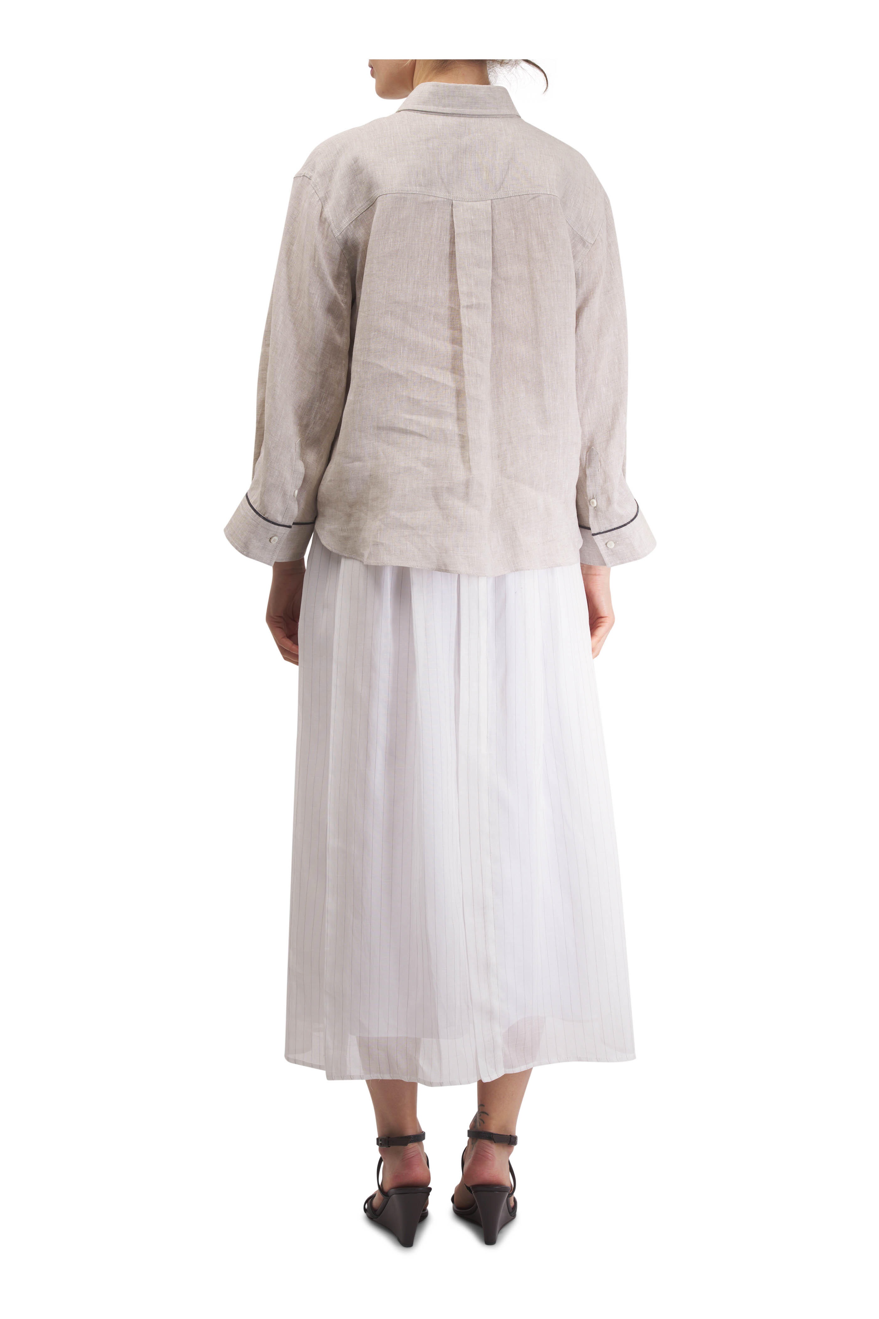 Brunello Cucinelli - White Striped Cotton Paperbag Waist Skirt