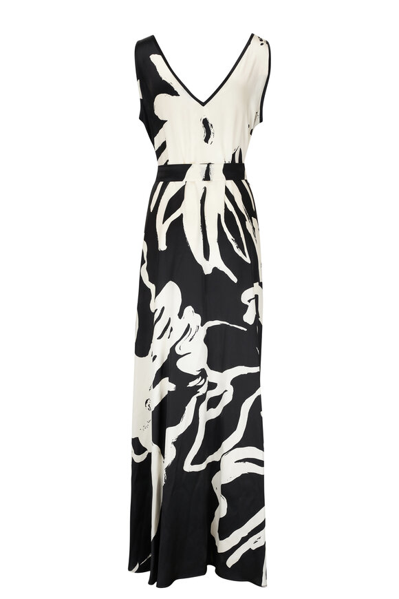 Kiton - Black & White Silk Patterned Maxi Dress