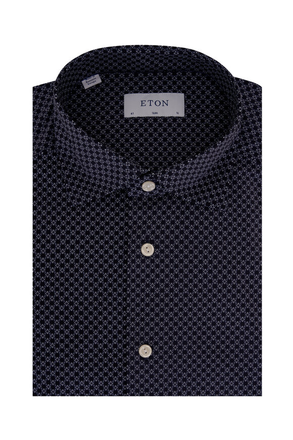 Eton - Navy Geometric Floral Print Stretch Dress Shirt