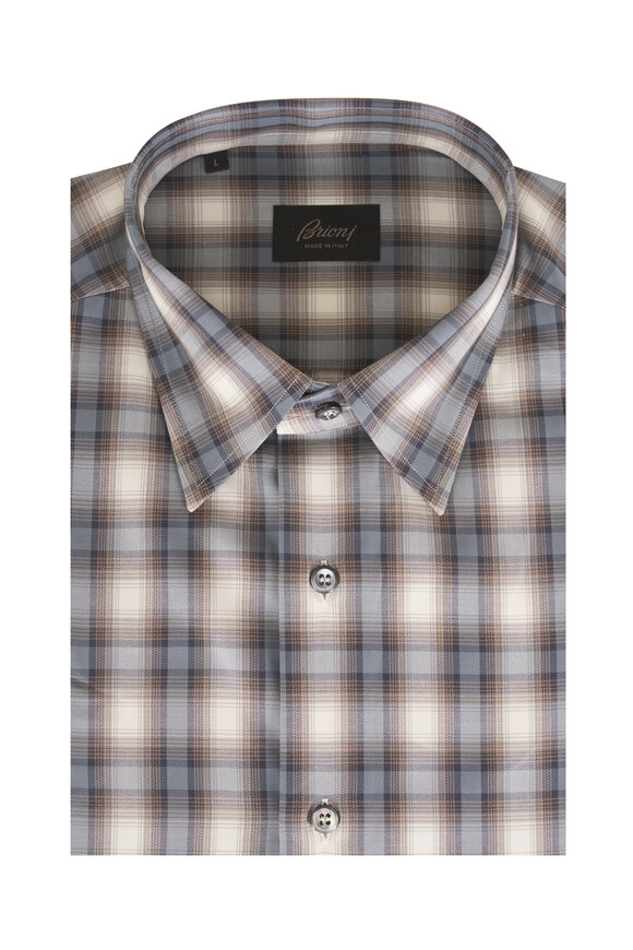 Brioni Blue & Brown Faded Check Sport Shirt - view 1