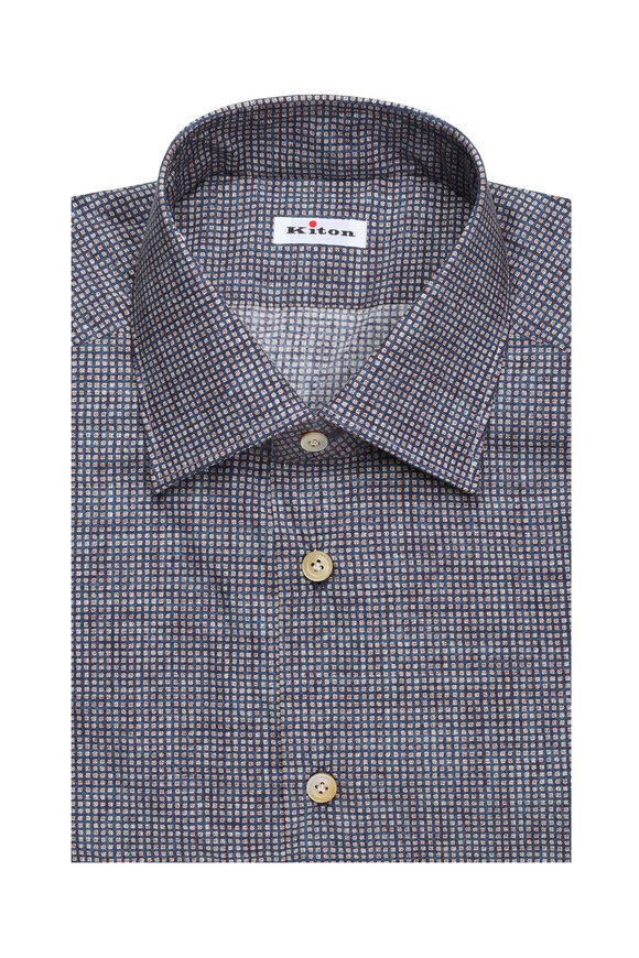 Kiton Navy Blue Geometric Print Sport Shirt