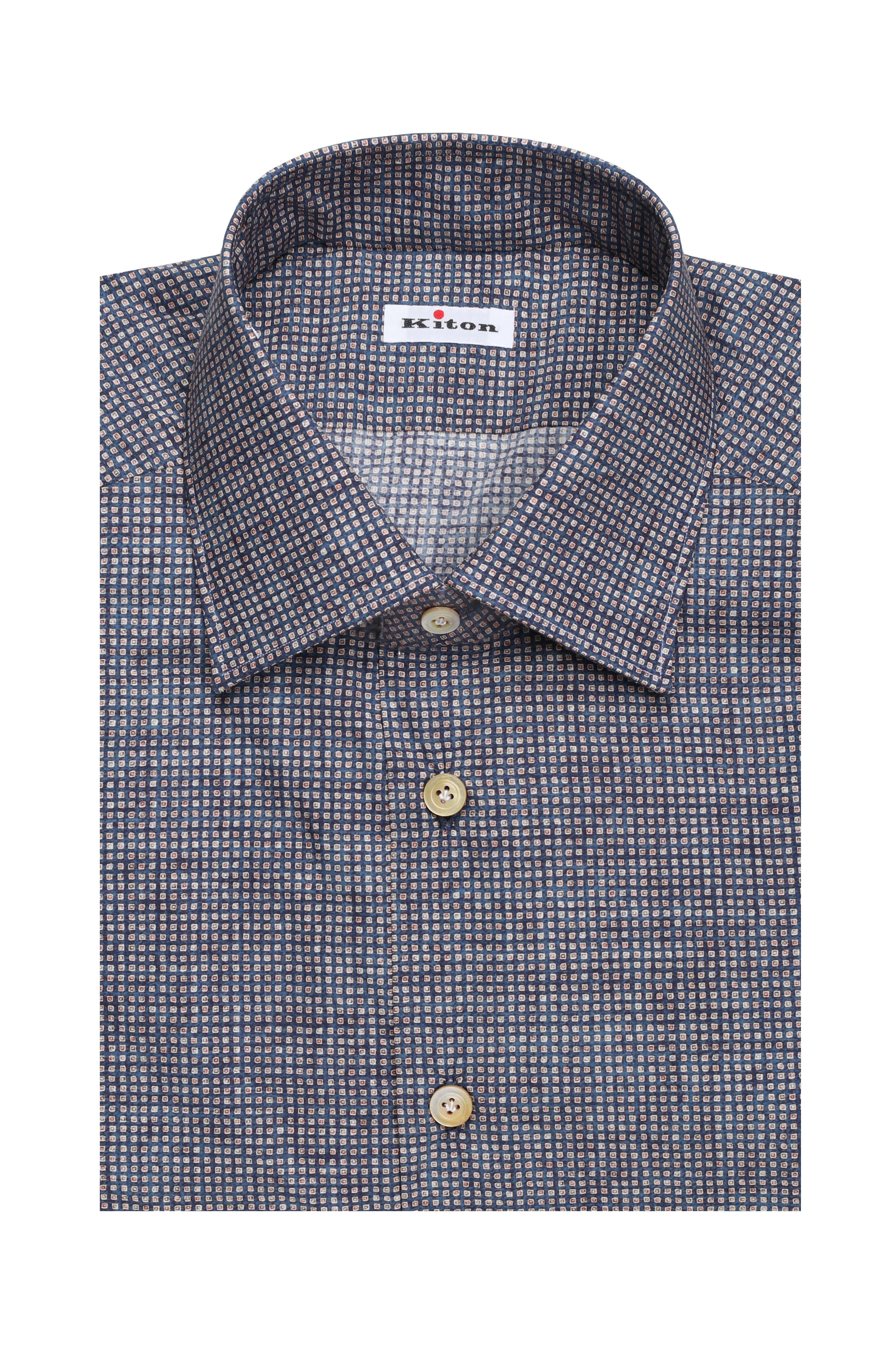 Kiton - Navy Blue Geometric Print Sport Shirt