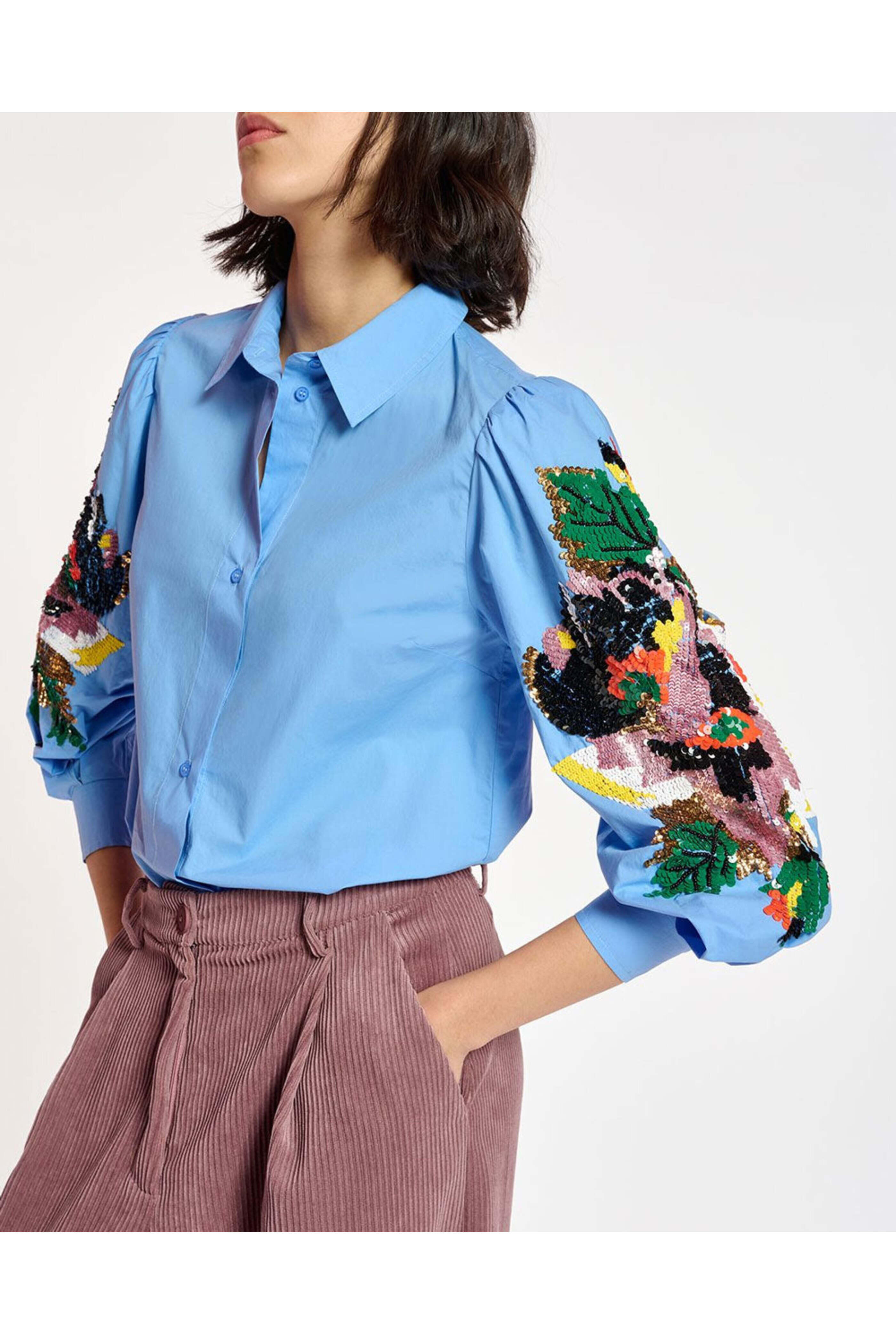 Essentiel Antwerp - Cool Blue Embellished Carnet Puff Sleeve Shirt