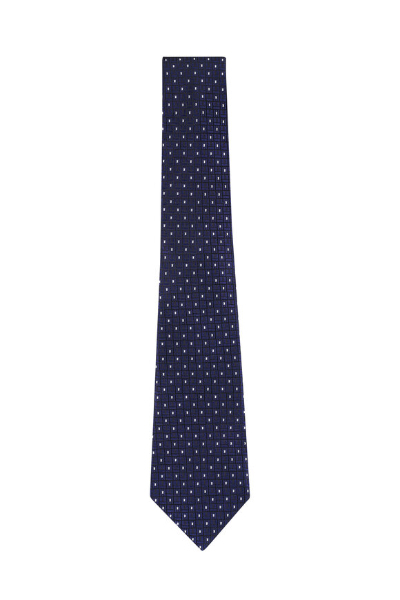 Zegna Navy Blue Geometric Print Silk Necktie