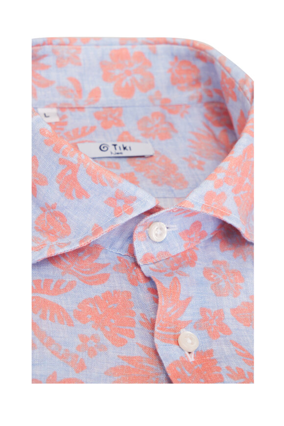 Tiki Blue & Orange Floral Print Linen Sport Shirt - view 4