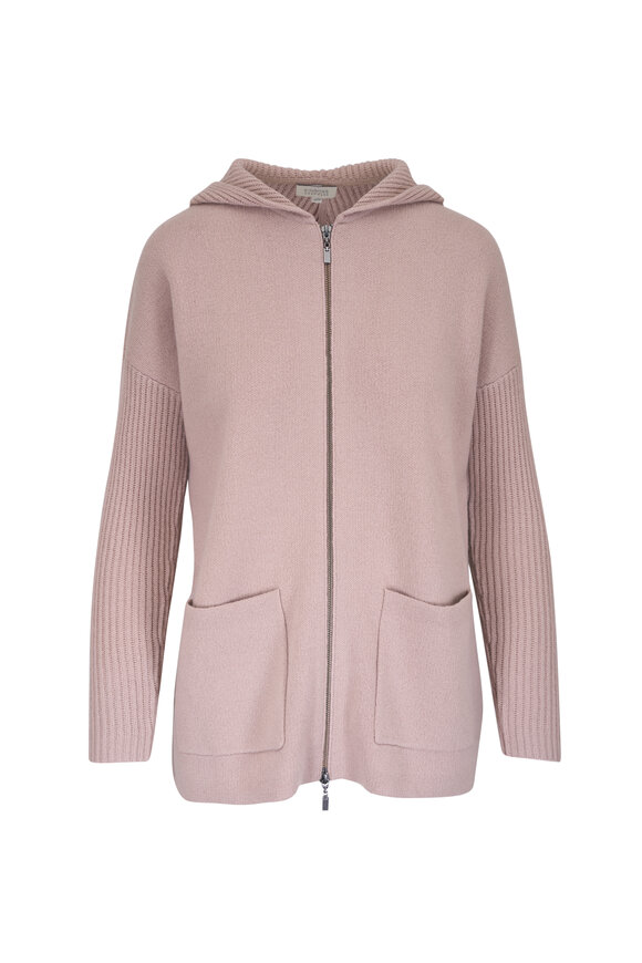 Kinross Driftwood Doubleknit Rib Zip Cashmere Hoodie