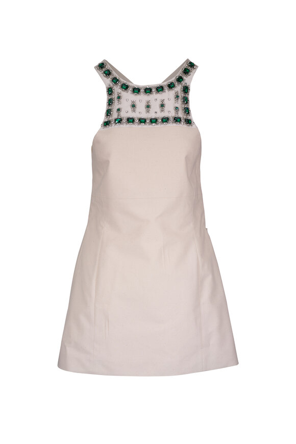 Miu Miu Ecru Embellished Cotton Canvas Apron Mini Dress
