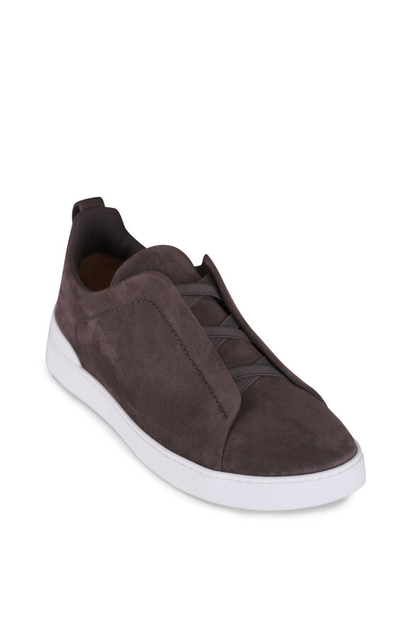 Zegna Triple Stitch Brown Suede Low Top Sneaker