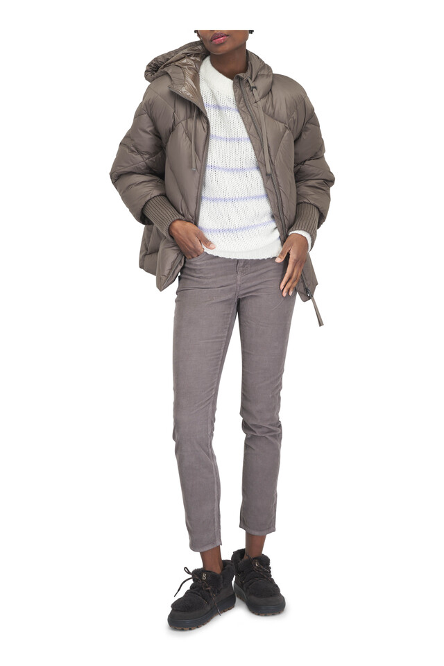 Designer outfit featuring Chamonix S 19 B Dark Brown Suede Short Boot, Julie Gray Slim Fit High Rise Pant and 1 other piece